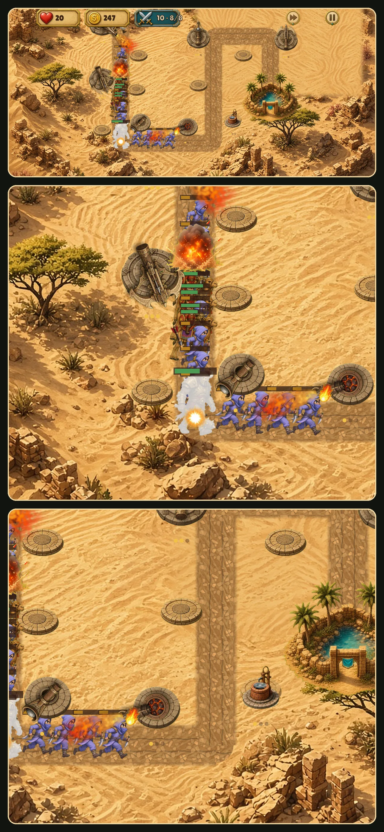 Desert battle with fire and blasts along the left road and a line of raiders marching on the bottom road toward the oasis.