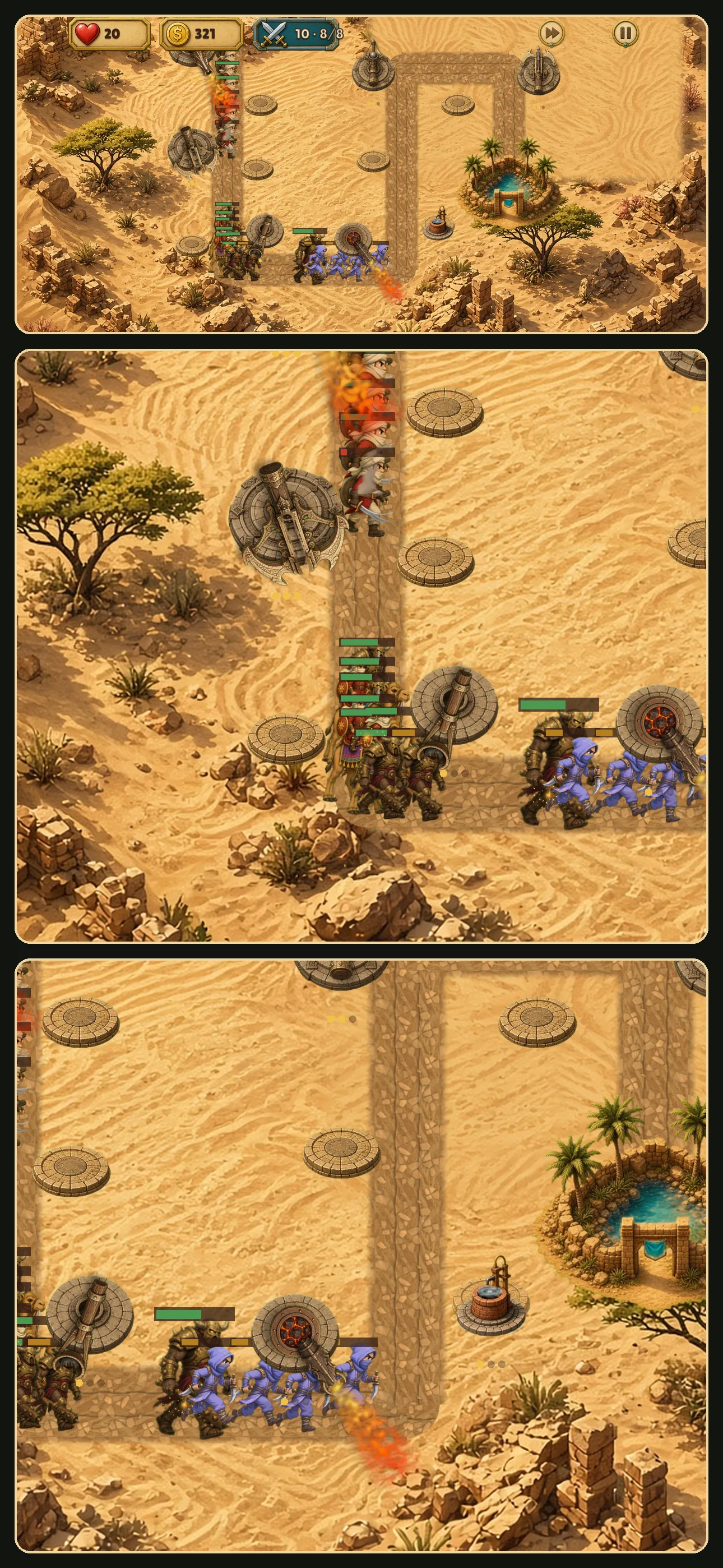 Desert battle with raiders on both roads, health bars over the leaders and towers firing near the oasis.